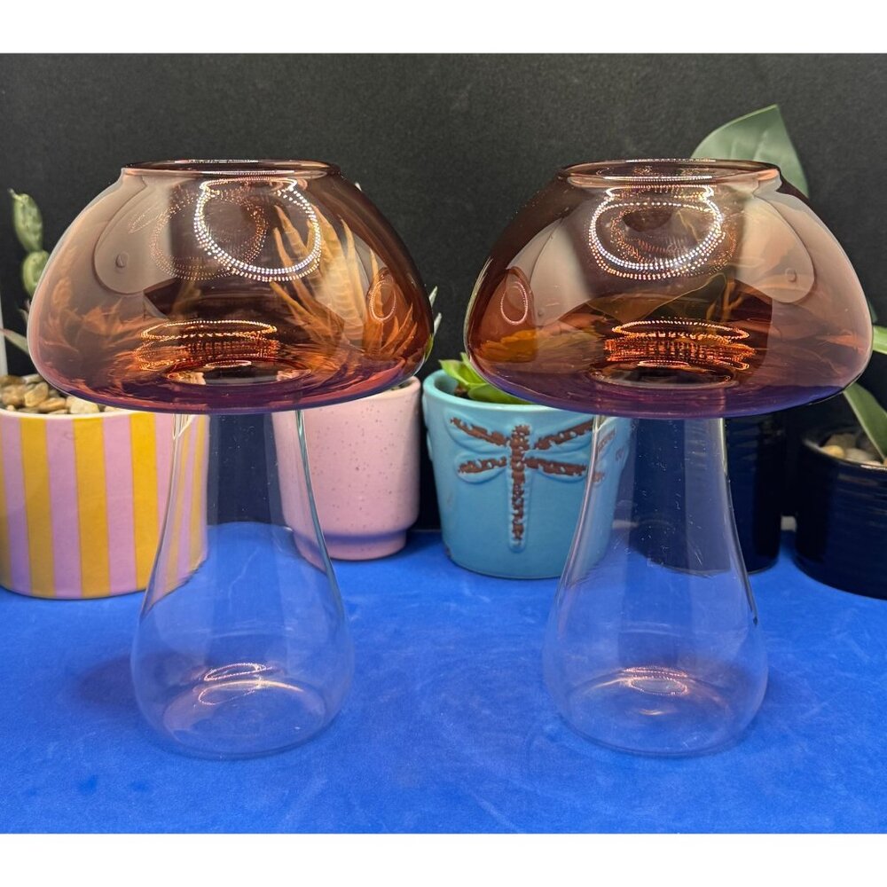 Pair Of Glass Mushroom-Shaped Decorative Vases Amber With Clear Bases